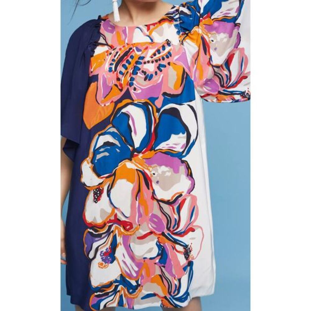 Anthropologie Maeve Vero Floral Silk Shift Dress Small Flowy Sleeves‎ Multicolor